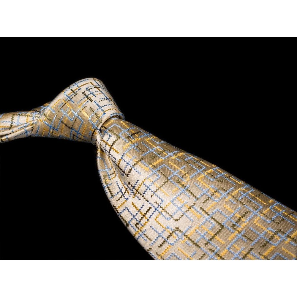 Vintage Jhane Barnes Tan Yellow Blue Abstract 100% Silk Men's Designer Tie